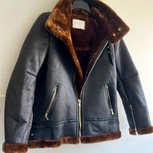 New ZARA Faux leather Shearling fur  Aviator Jacket women' sz M